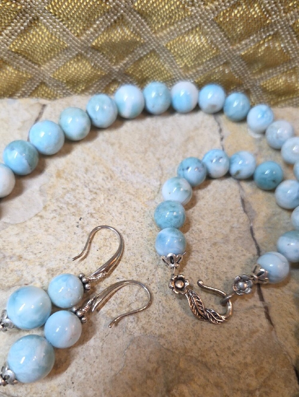 Sterling Silver Genuine Larimar Beaded Necklace and Earrings Set - Picture 10 of 12